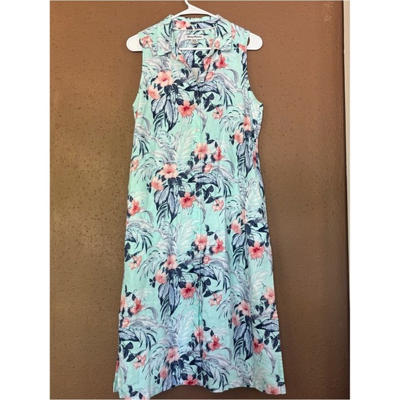 Tommy Bahama Dresses & Skirts - Tommy Bahama Women 100%Linen Tropical Floral Button Front Midi Dress Aqua Blue m